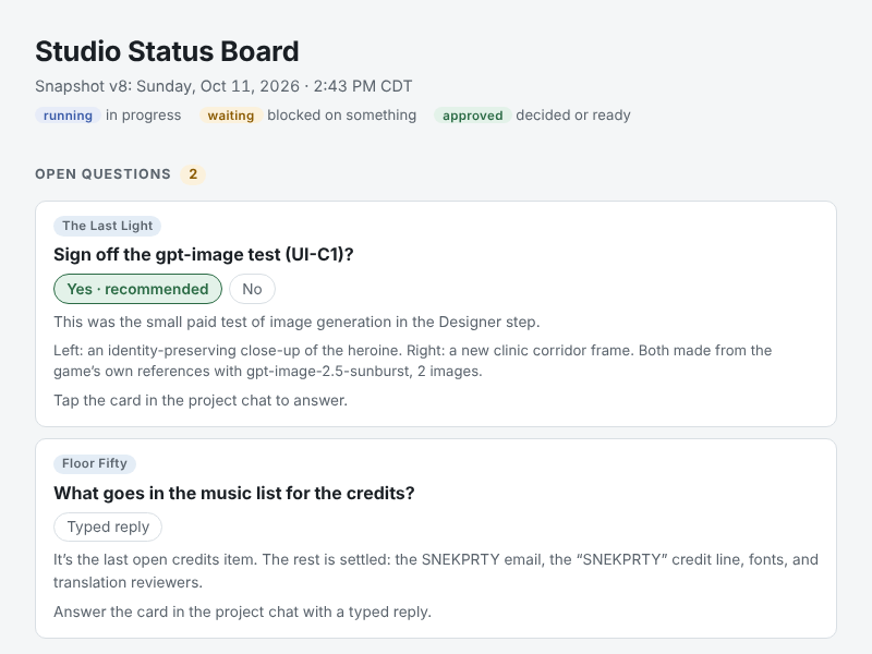 The top of the hub's status page: two open questions, one from The Last Light with a recommended Yes, one from Floor Fifty that needs a typed reply