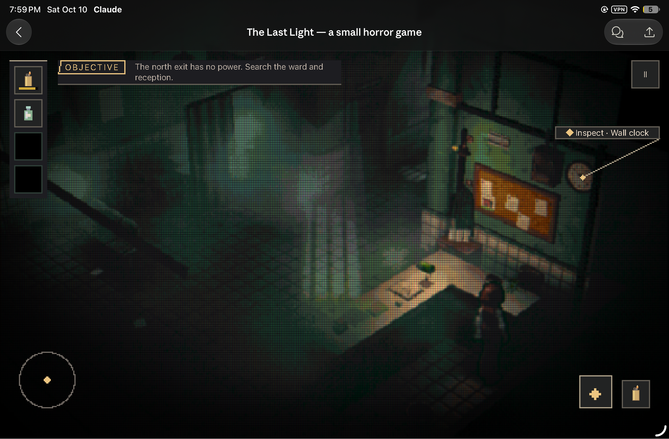 The Last Light on the iPad mini: a pixel-art figure in the clinic's dark 3D reception, an objective to search the ward and an Inspect prompt on the wall clock