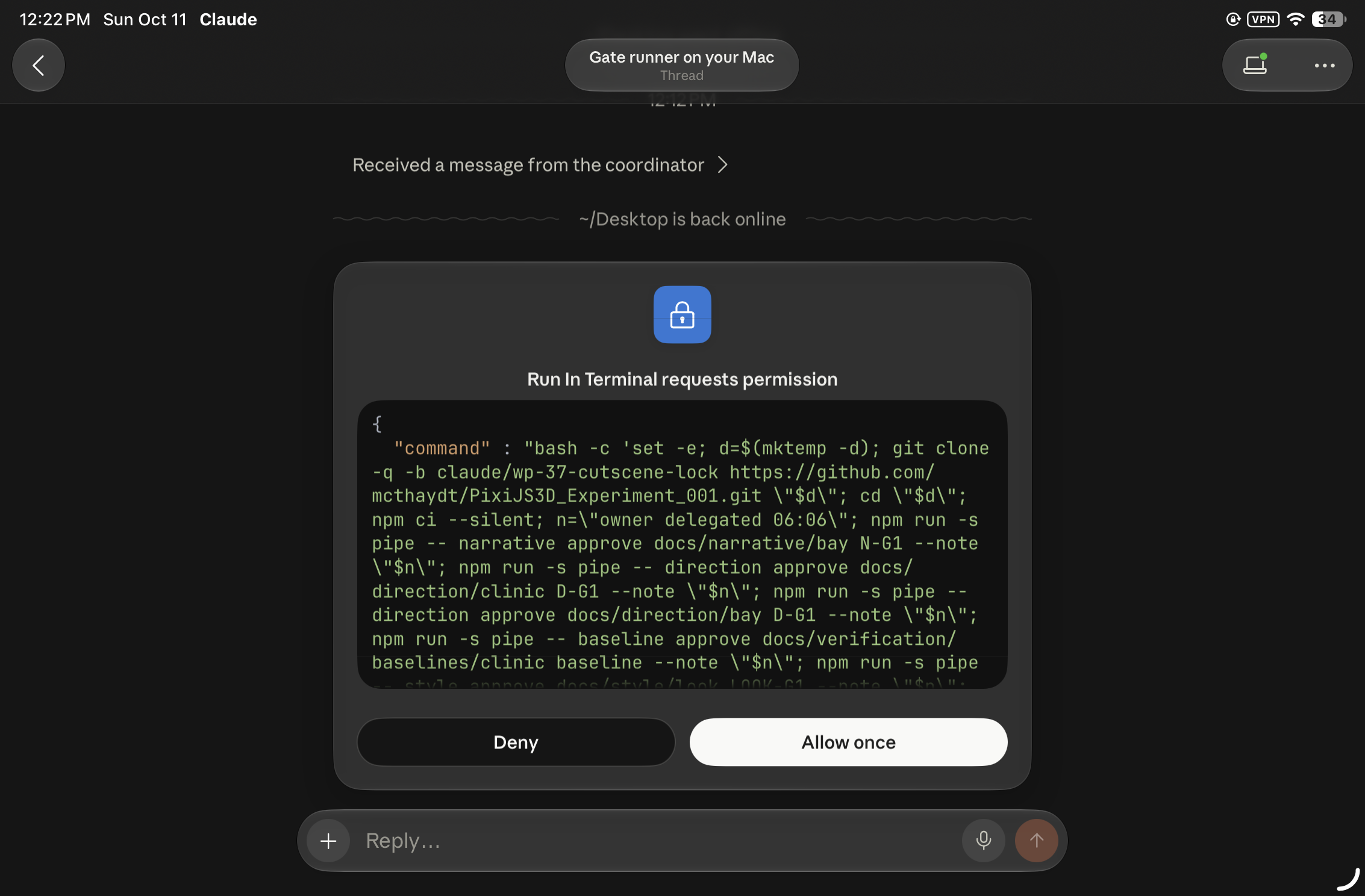 A Claude session on the Mac asking permission to run a terminal command that records gate approvals