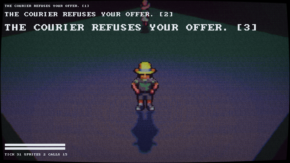 Fog at a distance. The character holds up in the room's haze because every value it can take, lit or fogged, already sits on one of the palette's ladders.