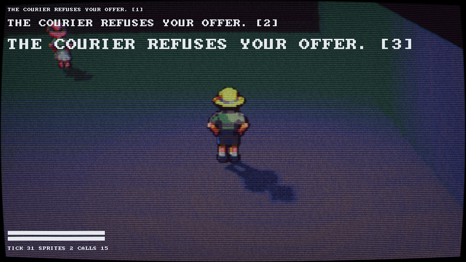 The current look: a finished character in the engine's test room, captured by an automated scenario. No pixel was touched by hand. Code I wrote placed every one.