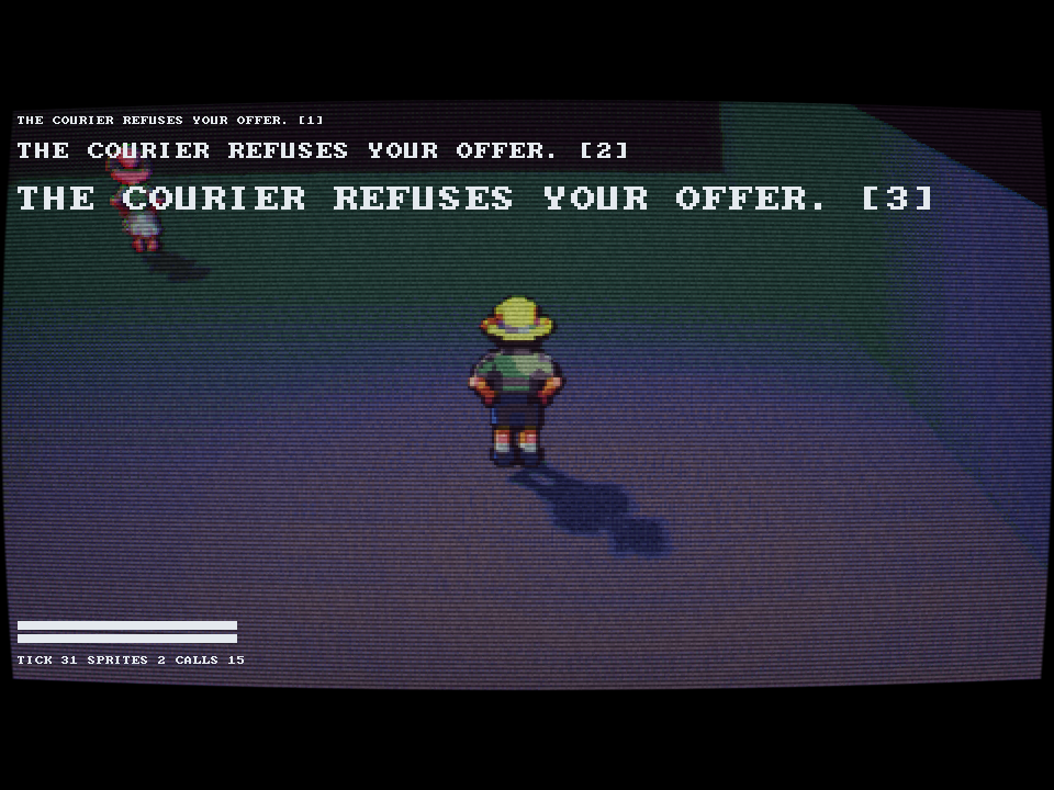 The letterboxed UI scenario. Every accepted change to the characters moved exactly one character-sized box in these frames, between 1.7% and 2.9% of pixels. The floor, walls, fog, and shadow stayed identical around it.